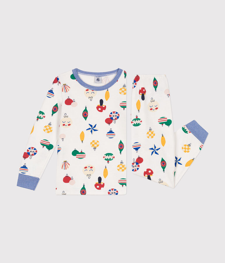 Kinderpyjama van geruwde fleece met kerstballenprint wit MARSHMALLOW/wit MULTICO