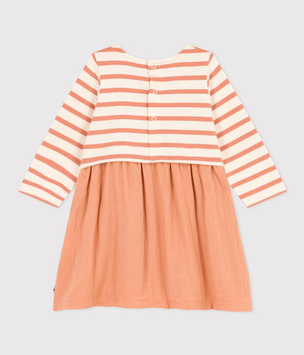 Jurk met lange mouwen van twee materialen voor baby's roze/ecru