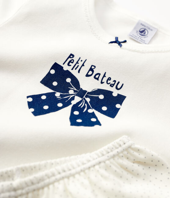 Pyjama à pois petite fille en coton biologique blanc MARSHMALLOW/bleu MEDIEVAL