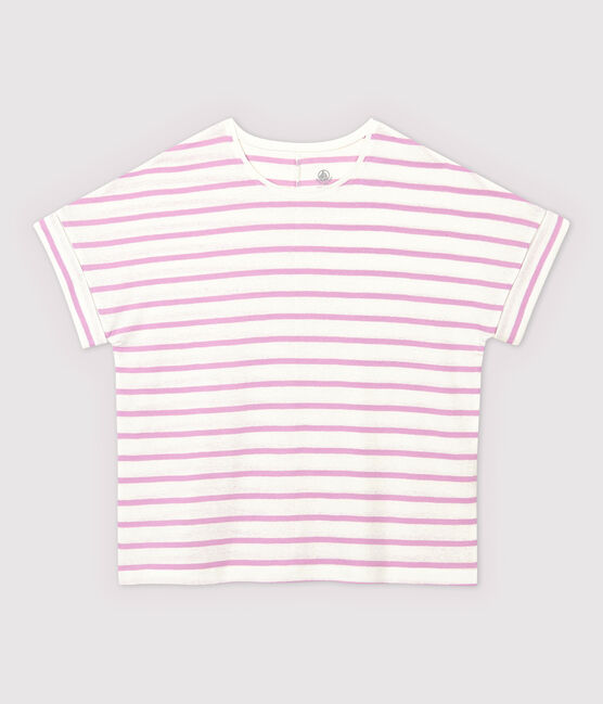 Gestreept dames-T-shirt van katoen/linnen wit MARSHMALLOW/roze BOHEME
