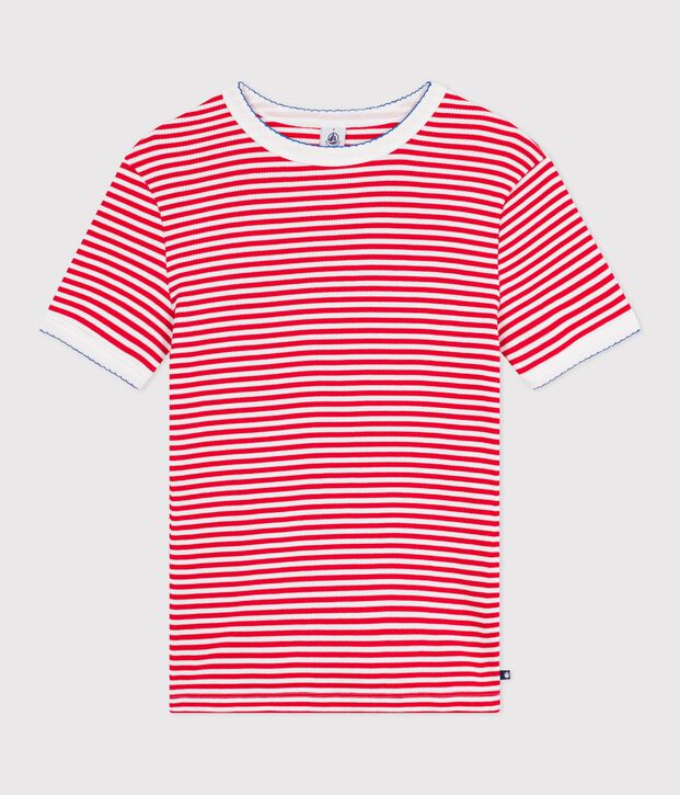 Dames-T-shirt van gestreept katoen met korte mouwen rood/wit