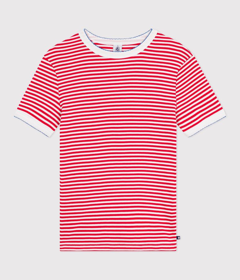 Tee-shirt femme en coton manches courtes &agrave; rayures rouge/blanc