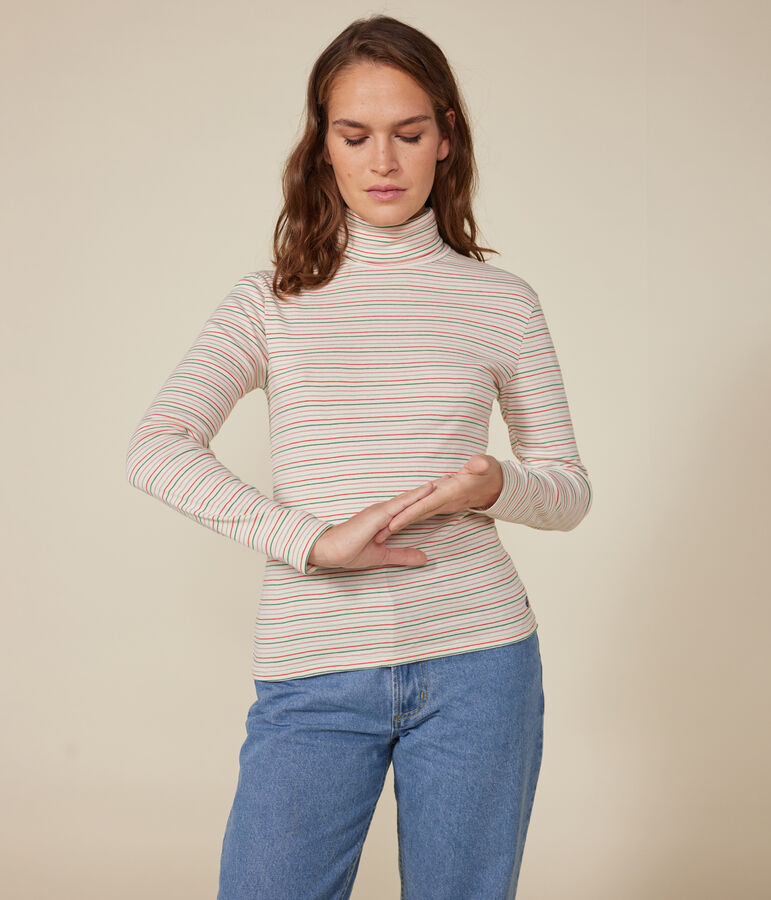 L'ICONIQUE, dames-T-shirt met rolkraag in katoen ecru/multicouleur