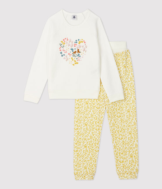 Meisjespyjama met bloemen van opgeruwde bouclébadstof geel OCRE/wit MARSHMALLOW
