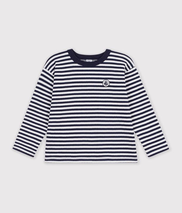 Tee-shirt enfant manches longues &agrave; rayures bleu/blanc/bleu