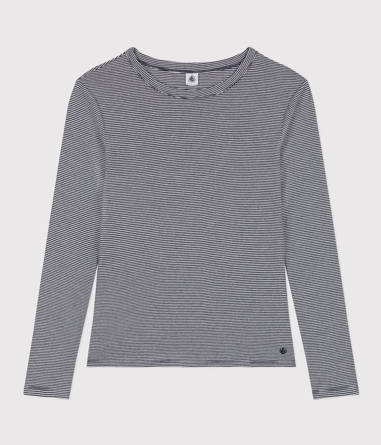 L'Iconique, gestreept T-shirt met lange mouw van ribstof voor dames blauw SMOKING/wit MARSHMALLOW