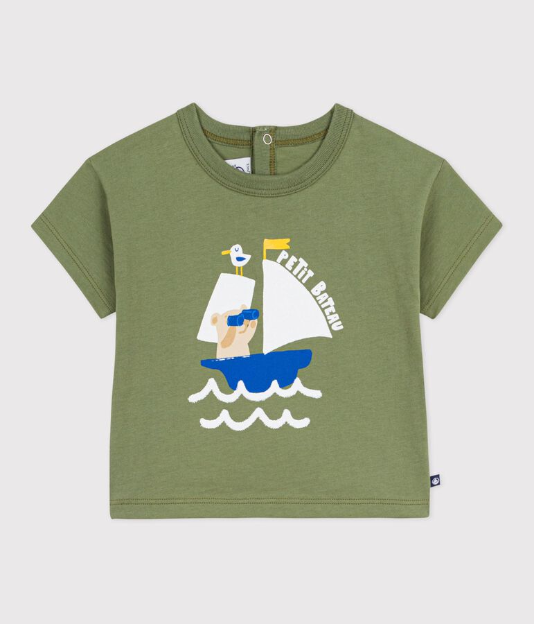 Katoenen baby-T-shirt met korte mouwen en meeuwmotiefje groen OLIVINE
