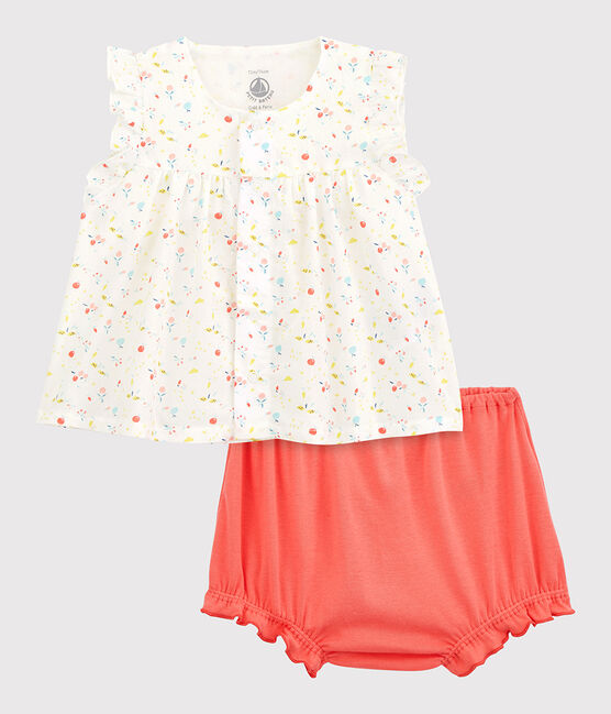 Ensemble 2 pièces fleuri bébé fille en chaîne et trame et  coton biologique blanc MARSHMALLOW/blanc MULTICO