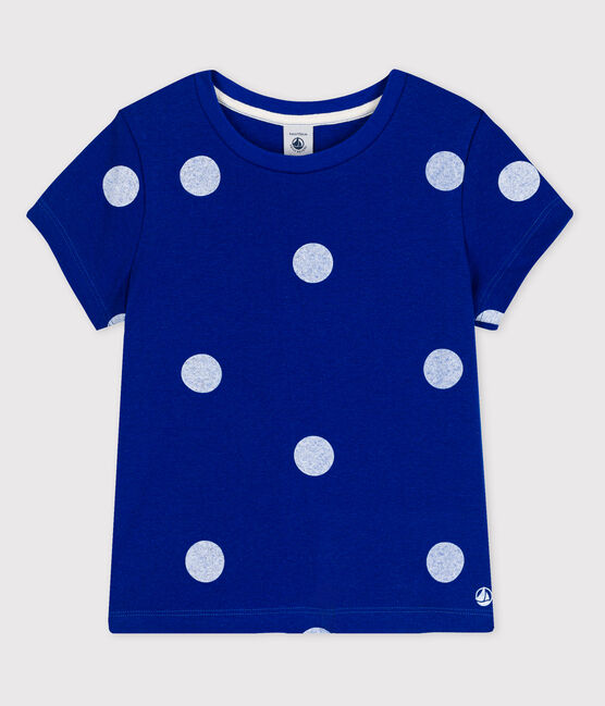 Katoenen-linnen T-shirt met korte mouwen voor meisjes blauw SURF/wit MARSHMALLOW