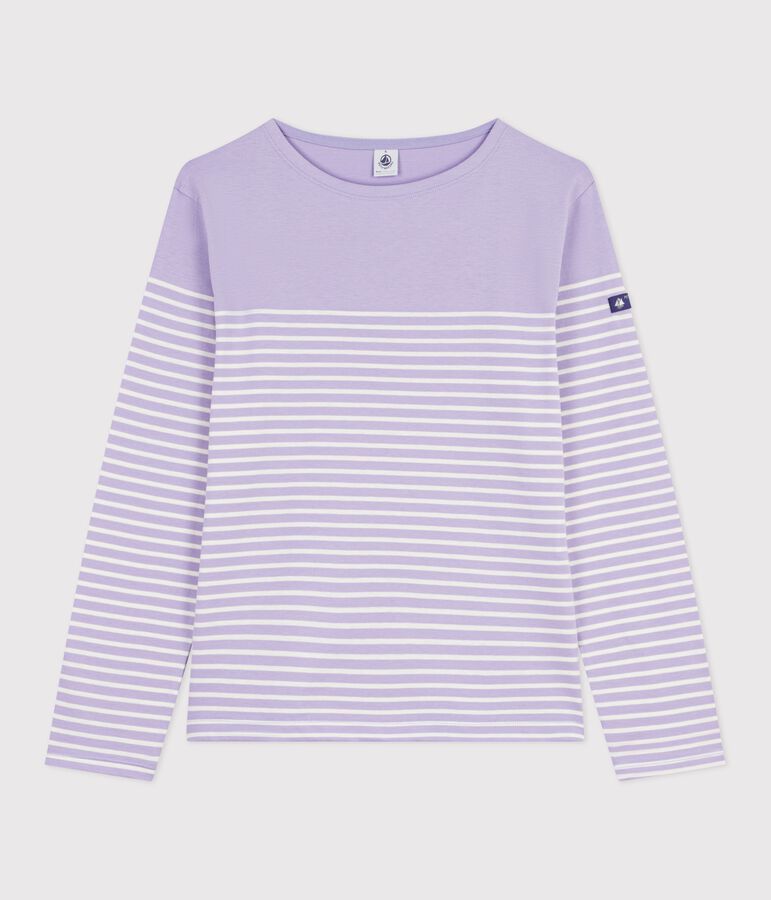 Tee-shirt marini&egrave;re femme en coton violet/&eacute;cru