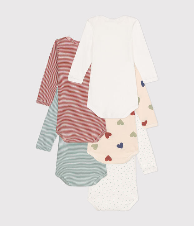 Set van 5 katoenen body's met lange mouwen en driekleurige hartjes voor baby's multicouleur