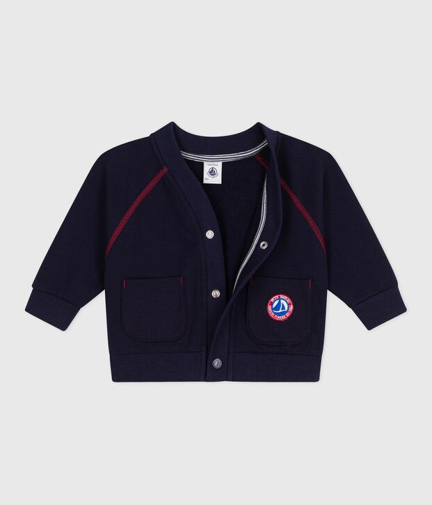 Cardigan b&eacute;b&eacute; en coton uni, coutures contrast&eacute;es bleu marine