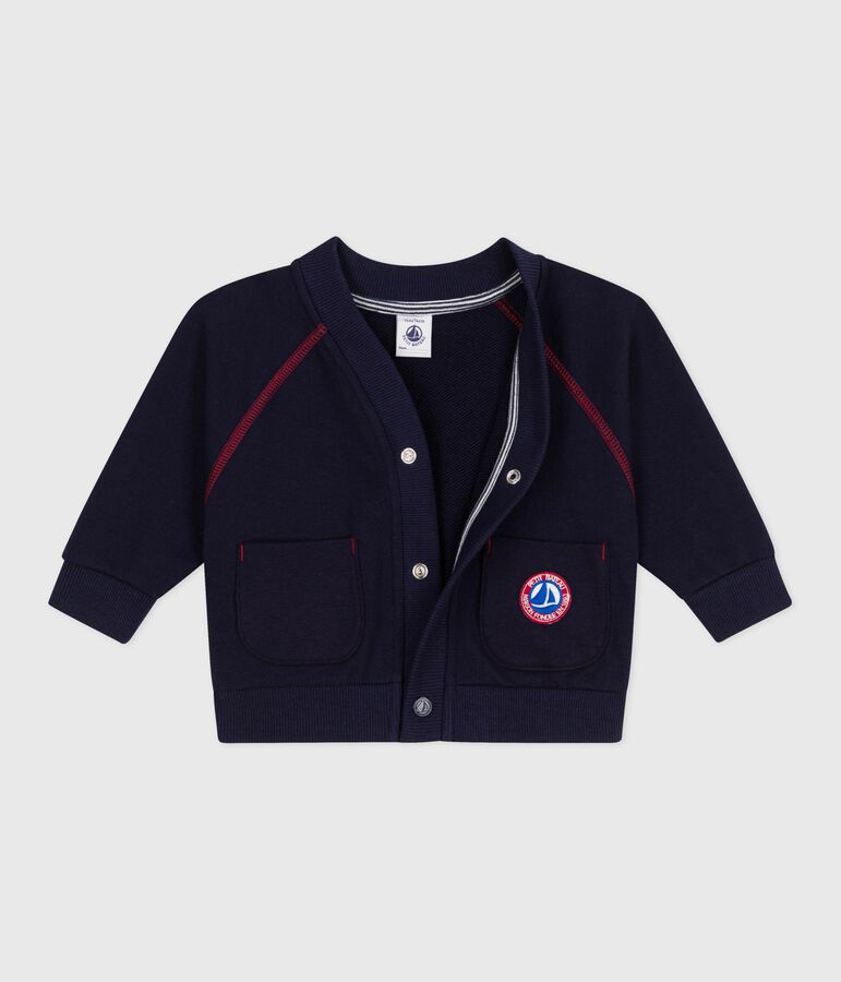 Cardigan b&eacute;b&eacute; en coton uni, coutures contrast&eacute;es bleu