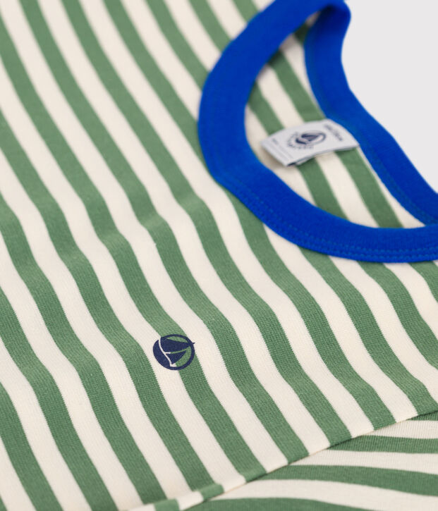 Tee-shirt enfant en coton manches courtes &agrave; rayures vert/&eacute;cru