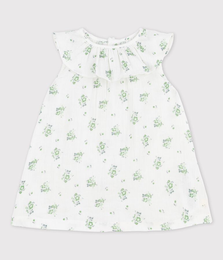 Jurk met korte mouwen met bloemenprint van gaas van biokatoen voor baby's wit/multicouleur