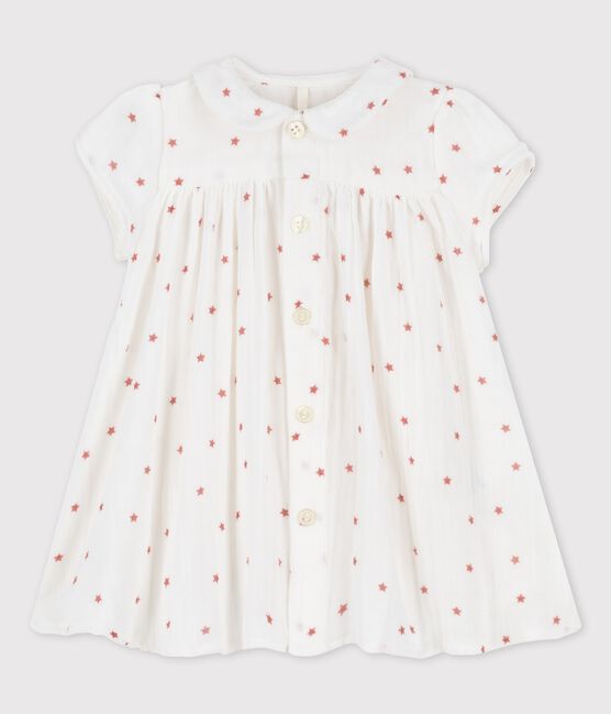 Jurk met korte mouwen van biologisch katoengaas voor baby's wit MARSHMALLOW/rood OMBRIE
