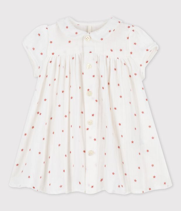 Robe manches courtes en gaze de coton bio b&eacute;b&eacute; blanc/marron