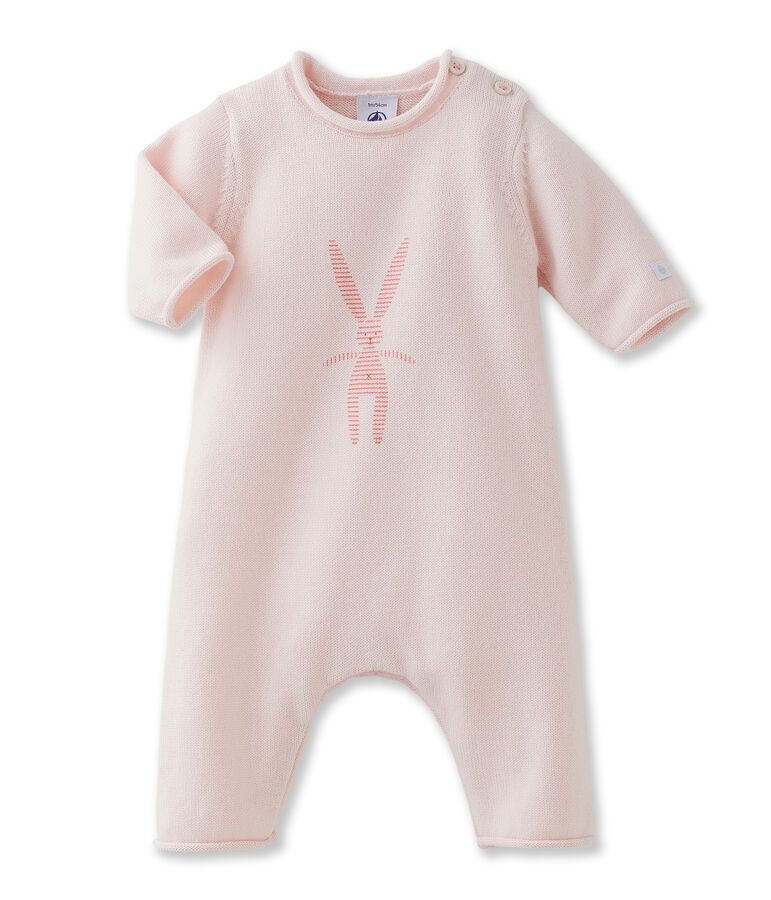 Combinaison longue b&eacute;b&eacute; mixte en tricot laine et coton &agrave; lapin rose