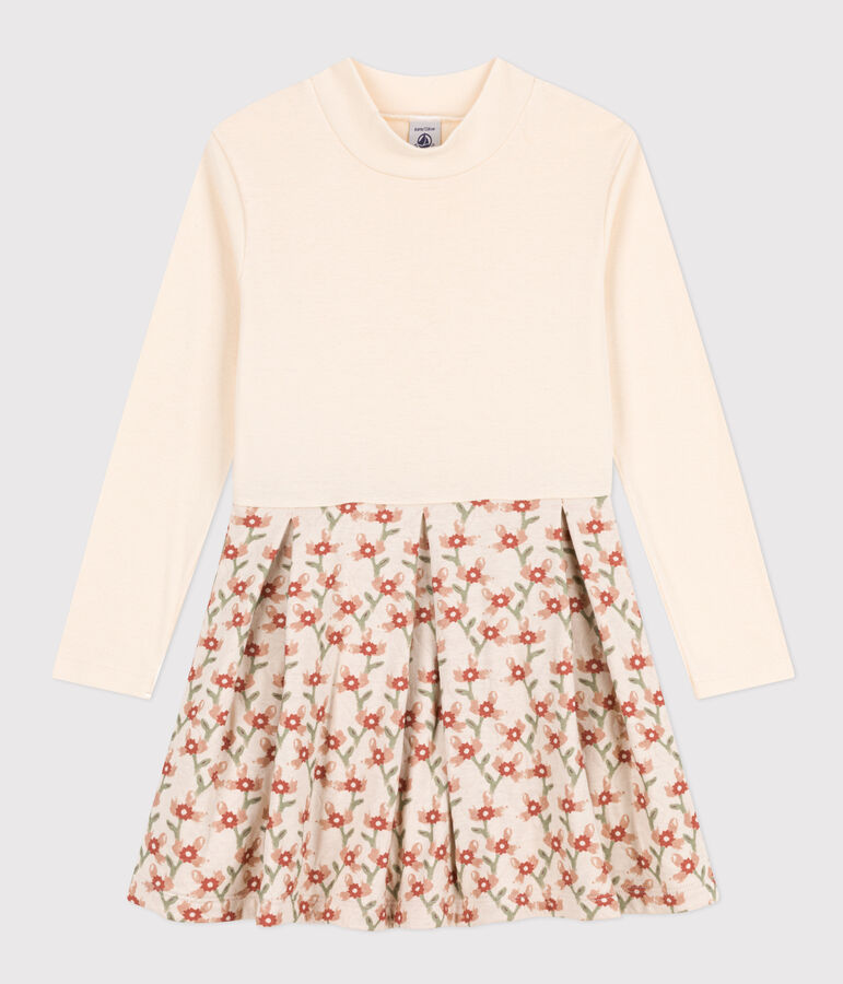 Bedrukte meisjesjurk met lange mouwen ecru/multicouleur