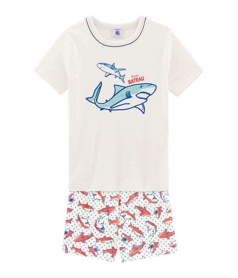 Korte pyjama van gebreide stof voor jongentjes wit MARSHMALLOW/wit MULTICO