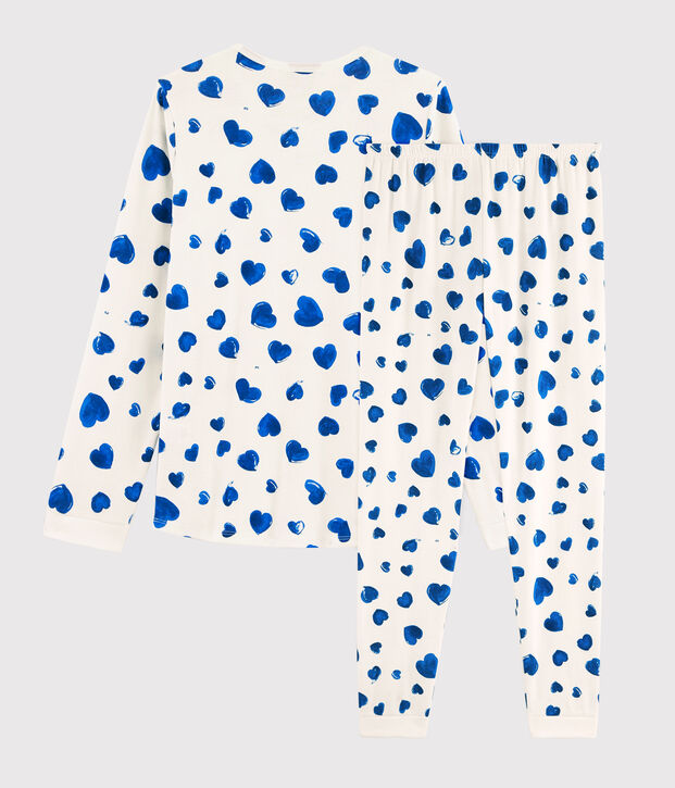 Meisjes-dame pyjama van ribtricot met hartjesprint wit/blauw