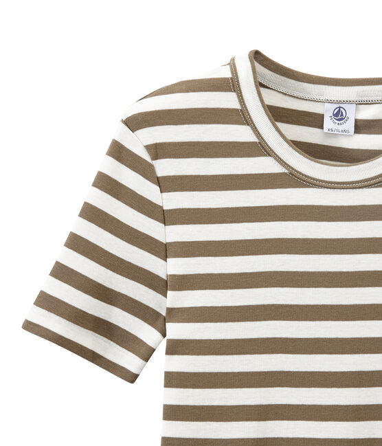T-shirt femme en côte originale rayée marron SHITAKE/blanc MARSHMALLOW