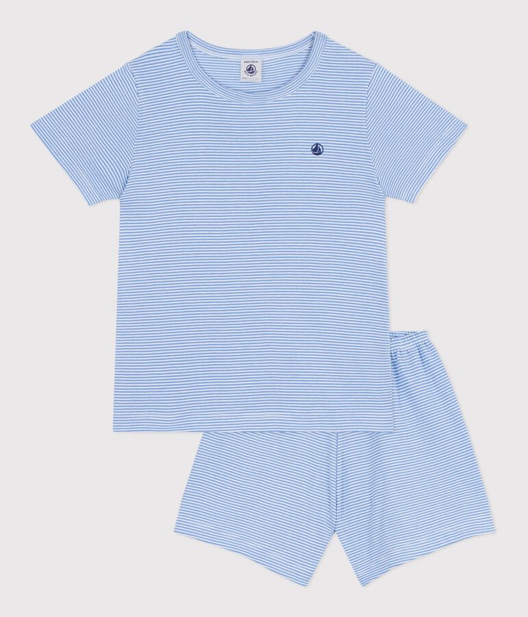Pyjama short enfant en coton &agrave; rayures bleu/blanc
