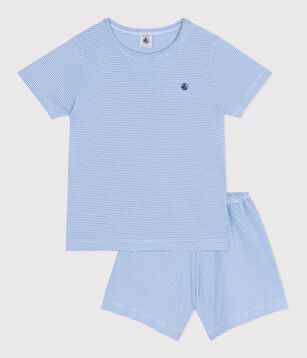 Korte katoenen kinderpyjama met streepjes blauw/wit
