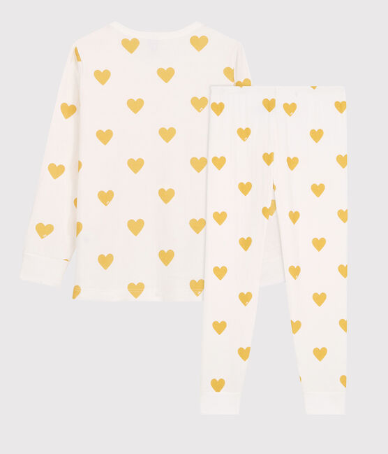 Jongens/meisjes pyjama met gele hartjesprint van tubic en biologisch katoen wit MARSHMALLOW/geel OCRE