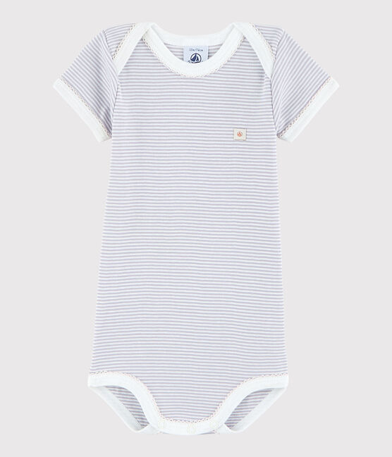Rompertje met korte mouwen babymeisje roze SILENE/wit MARSHMALLOW