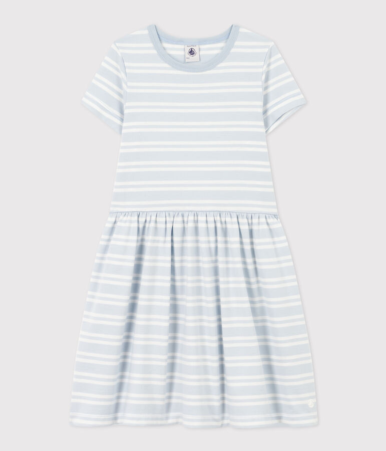Robe ray&eacute;e manches courtes en coton enfant fille bleu/blanc