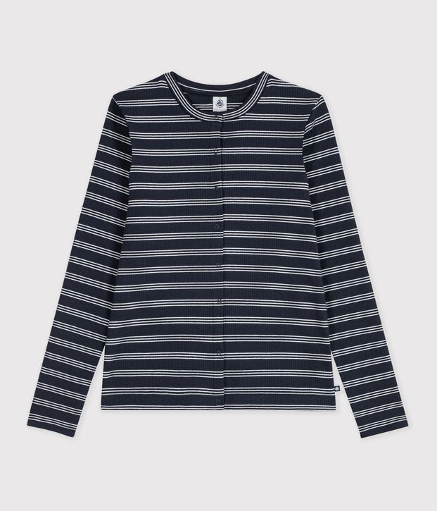 Cardigan femme en coton &agrave; rayures bleu/blanc