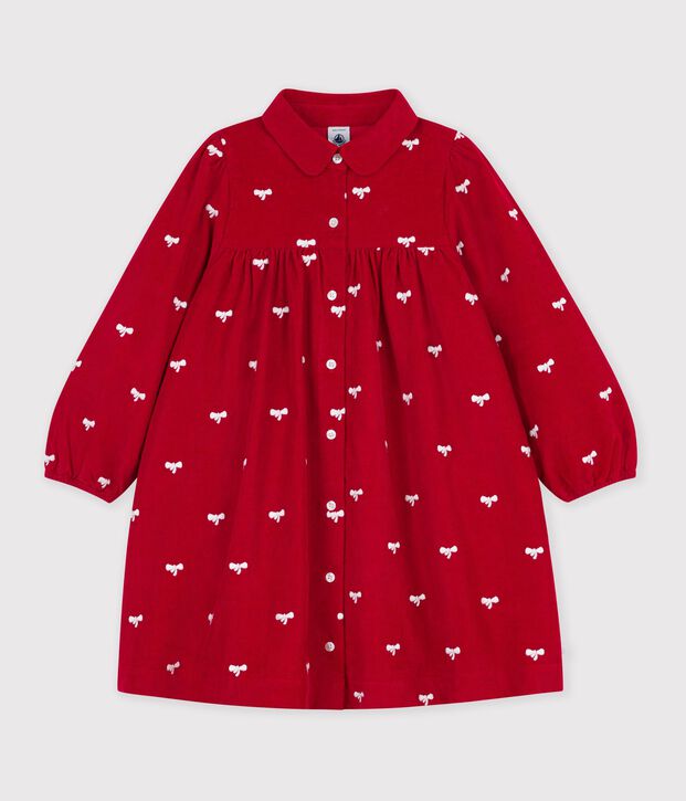 Robe enfant en velours manches longue imprim&eacute;e n&oelig;uds rouge/&eacute;cru