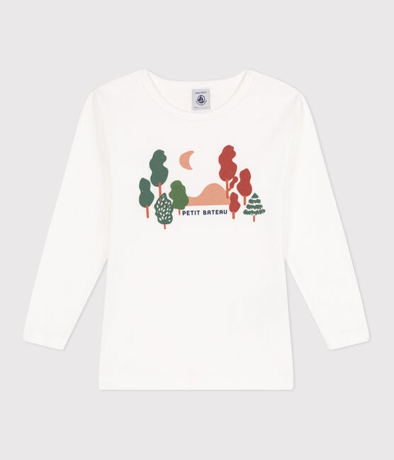 Tee-shirt enfant manches longues en coton blanc ECUME/blanc MULTICO