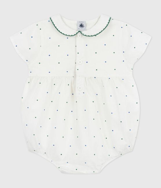 Barboteuse bébé en coton manches courtes à col, imprimé à pois blanc MARSHMALLOW/blanc MULTICO