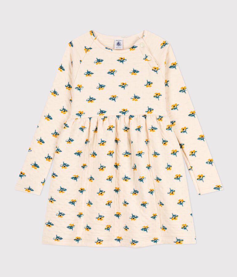 Meisjesjurk met lange mouwen in bedrukte tubic ecru/multicouleur