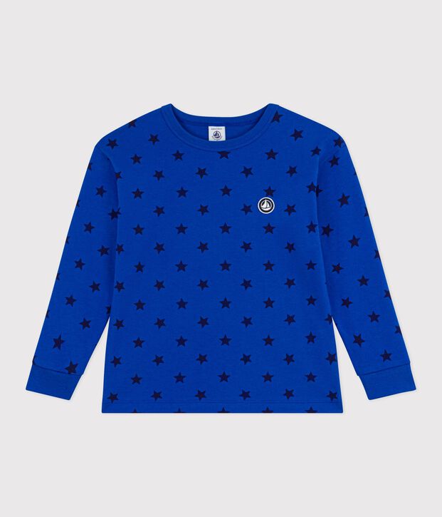 Tee-shirt enfant manches longues en coton imprim&eacute; bleu/bleu