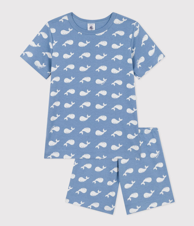 Korte katoenen pyjama met walvisprint voor kinderen blauw/wit