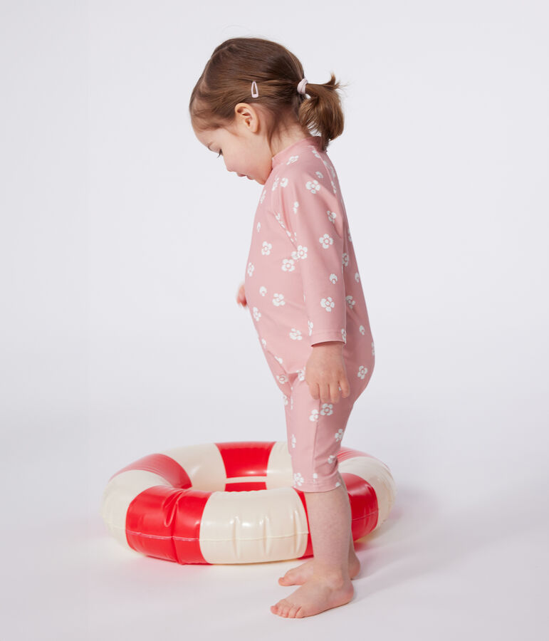 Combinaison anti UV b&eacute;b&eacute;, imprim&eacute;e &agrave; fleurs rose/blanc