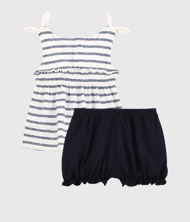 Set van katoenen/linnen blouse voor meisjes + bloomer wit/blauw