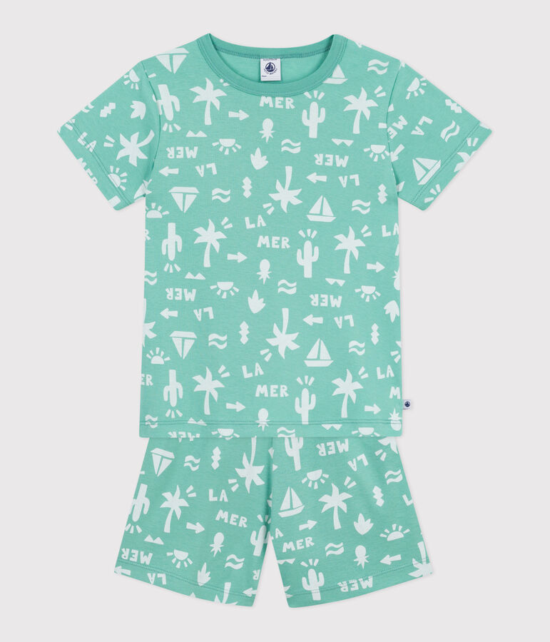 Pyjama short enfant en coton imprim&eacute; vert/blanc