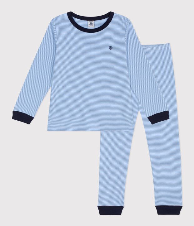 Pyjama enfant en coton &agrave; rayures bleu/blanc
