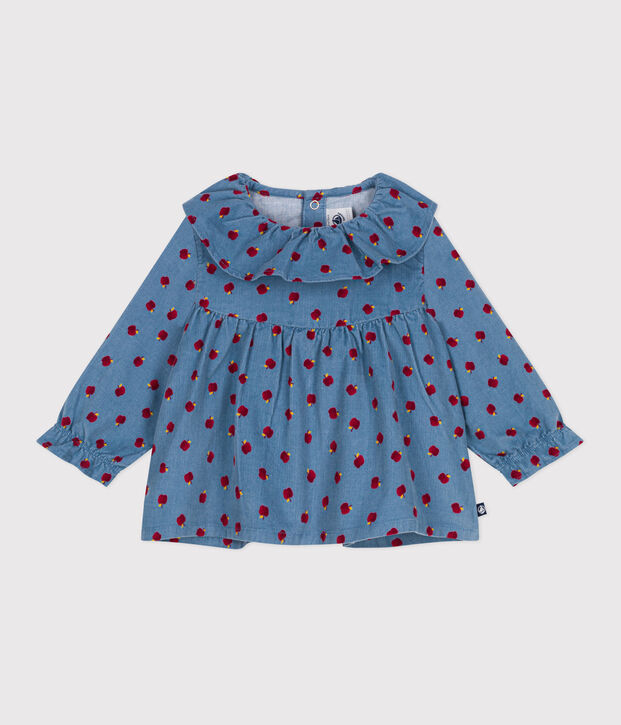Blouse b&eacute;b&eacute; en velours manches longues imprim&eacute; pommes bleu/multicouleur