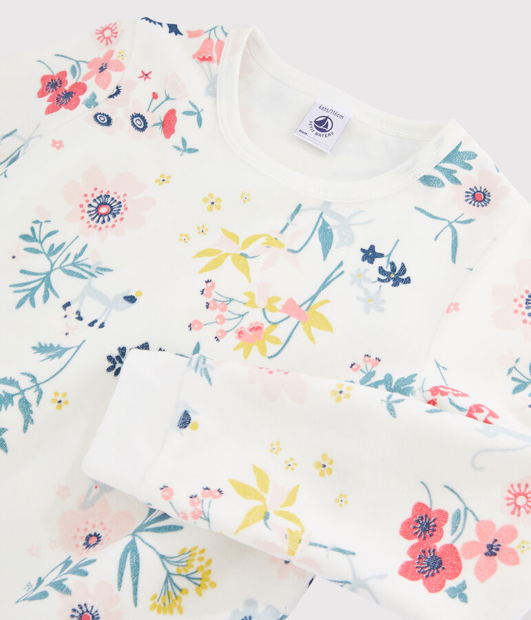 Meisjespyjama van fluweel met bloemen wit MARSHMALLOW/wit MULTICO