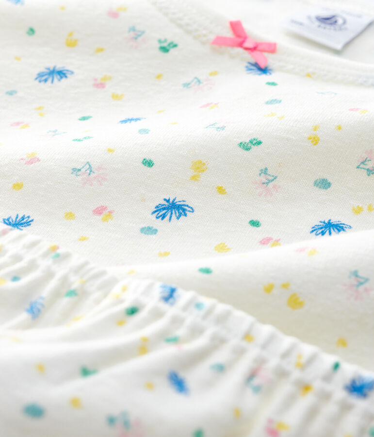 Pyjacourt &agrave; fleurs petite fille en coton et lin blanc/multicouleur