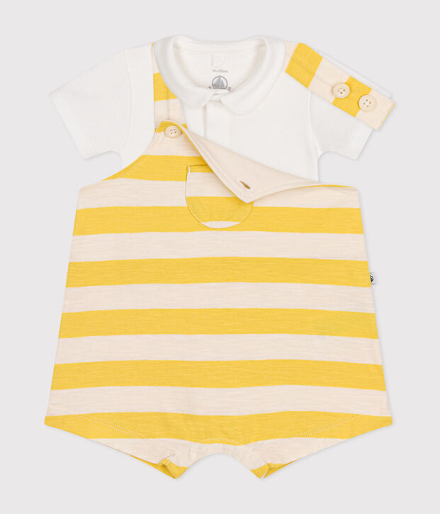 Babysetje met salopette van gevlamde jersey geel/ecru