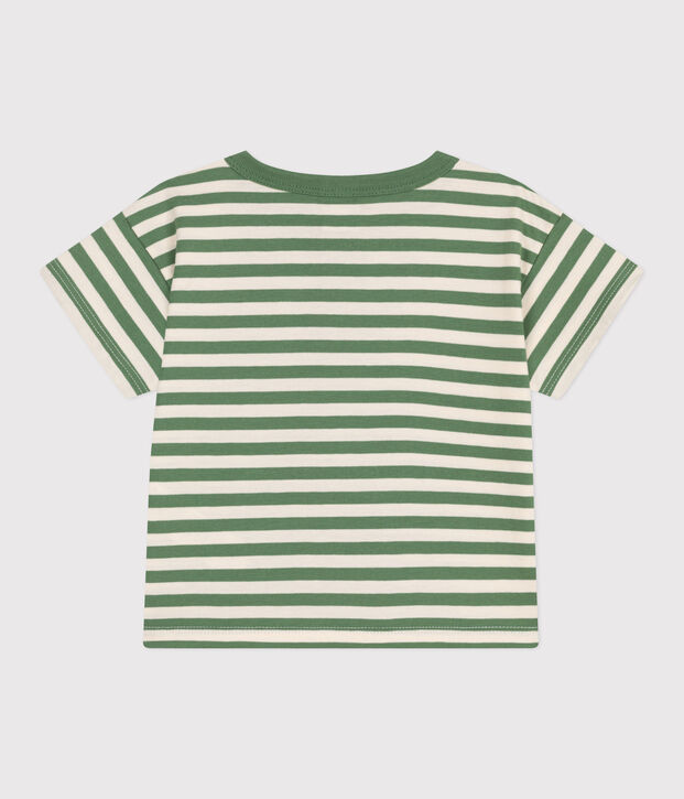 Tee-shirt b&eacute;b&eacute; en coton &agrave; manches courtes ray&eacute; vert/&eacute;cru
