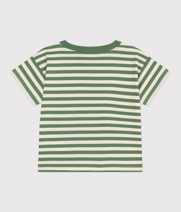 Katoenen T-shirt met korte mouwen en streepjes voor baby's groen/ecru
