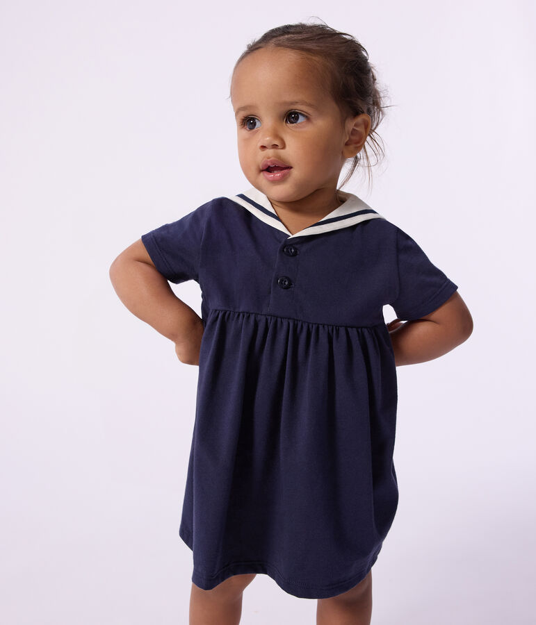Robe b&eacute;b&eacute; en coton manches courtes, unie avec son col marin bleu