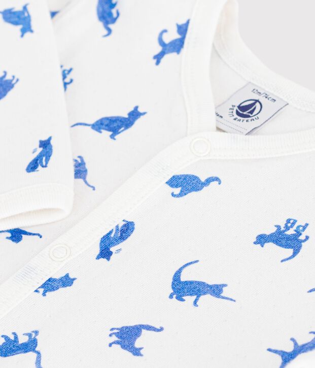 Babypyjama in tubic met kattenprint wit/blauw
